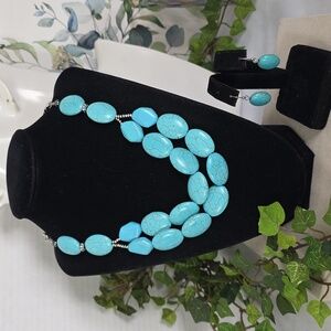 Silver Double Strand Necklace And Earrings Set Turquoise Blue Stone Beads